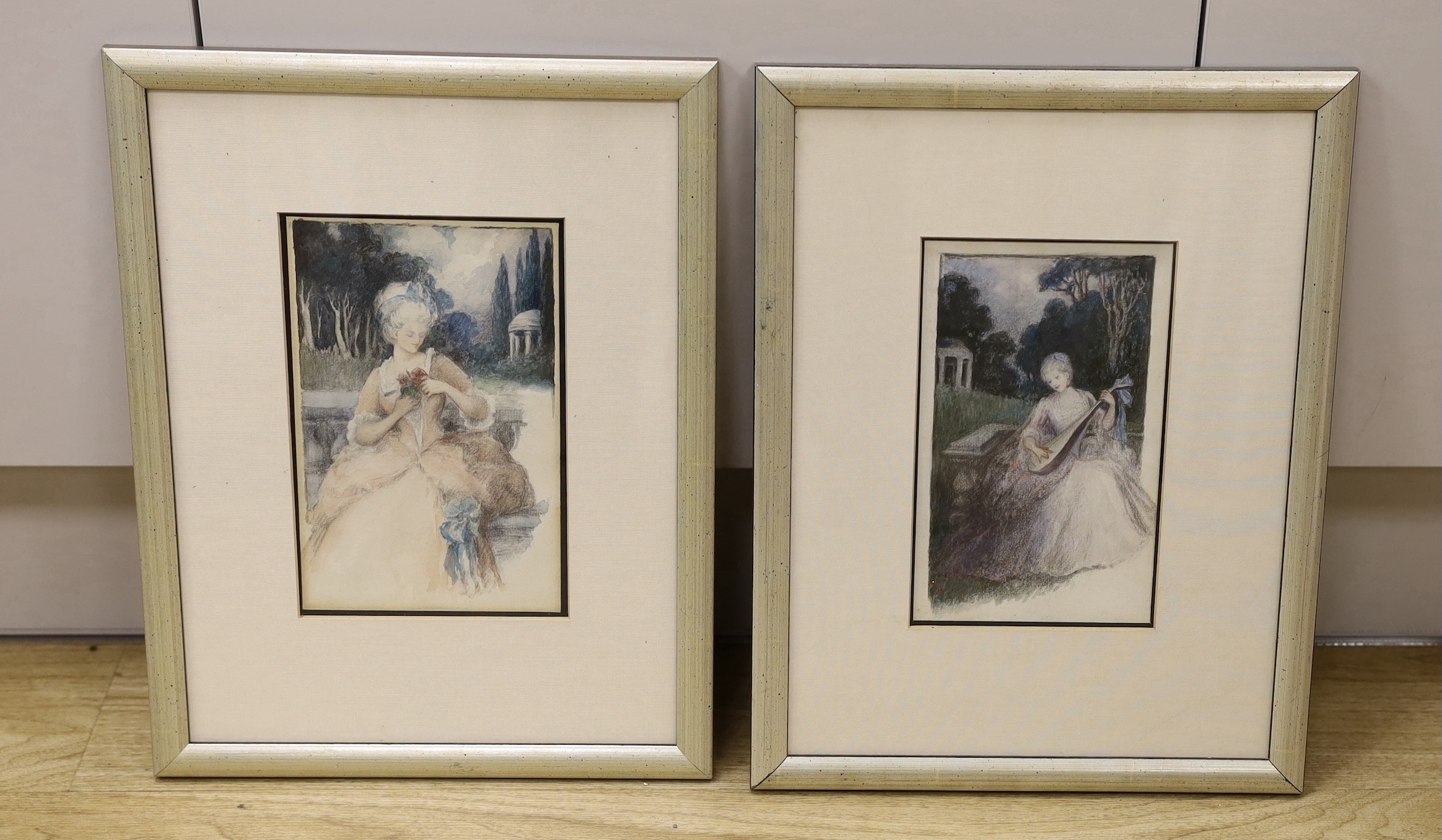 Cicely West (Exh.1925-29), pair of watercolours, Illustrations of ladies in parkland, one initialled, 20 x 13cm